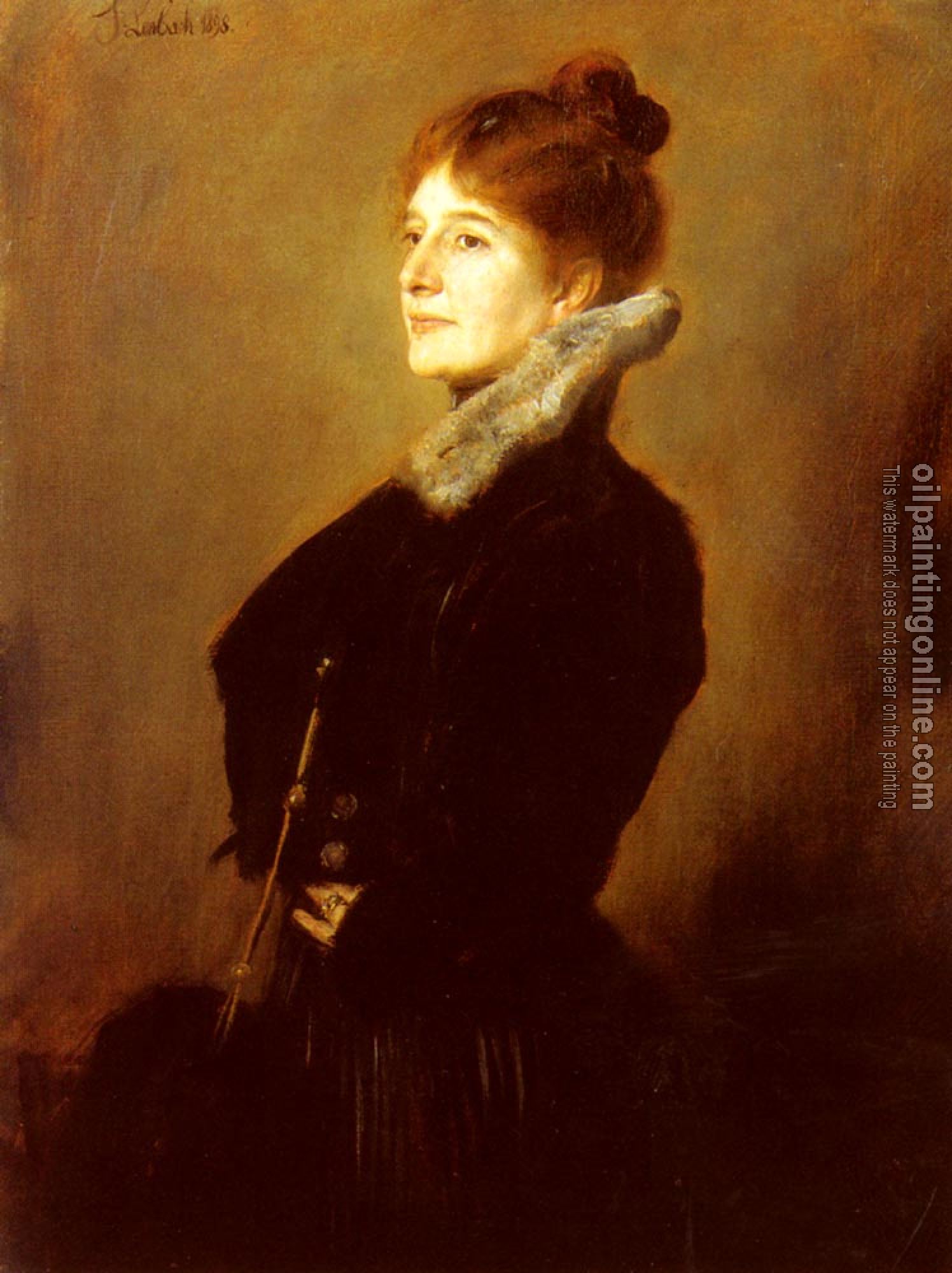 Franz von Lenbach - Portrait Of A Lady Wearing A Black Coat With Fur Collar